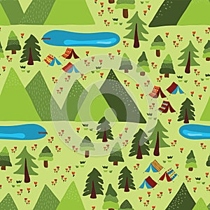 Summer mountain Camping seamless vector pattern