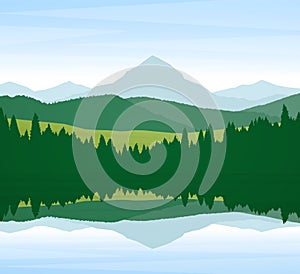 Summer Mountain Lake landscape with pine forest and reflection