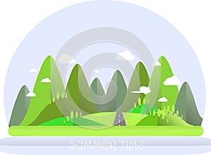 Summer mountain landscape. Green hills, trees, blue sky, white clouds, grey highway. Flat design