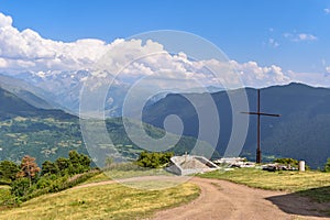 Summer mountain landscape near Mestia, Svaneti region, Georgia, Asia. Snowcapped mountains in the background. Blue sky