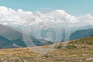 Summer mountain landscape near Mestia, Svaneti region, Georgia, Asia. Snowcapped mountains in the background. Blue sky