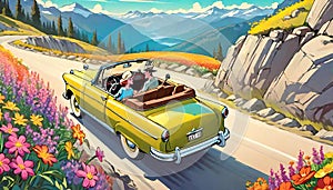 Summer mountain road trip scenic drive vintage convertible