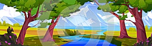 Summer mountain stream and forest vector landscape