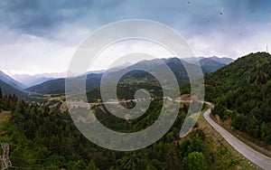 Summer mountain valley, beautifull road way to Mestia. Tsalanari, Hebudi, Georgia. Nature and car travel concept. Asphalt road