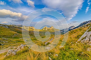 Summer mountaine landscape with cloudy sky. Mountain scenery, National park Durmitor, Zabljak, Montenegro