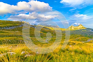 Summer mountaine landscape with cloudy sky. Mountain scenery, National park Durmitor, Zabljak, Montenegro