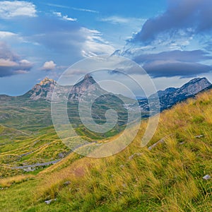 Summer mountaine landscape with cloudy sky. Mountain scenery, National park Durmitor, Zabljak, Montenegro