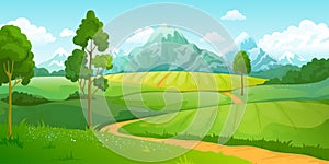 Summer mountains landscape. Cartoon nature green hills scene with blue sky trees and clouds. Vector rural countryside