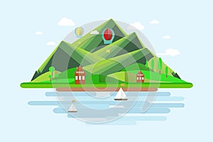 Summer mountains landscape. Green hills, blue sky, white clouds, green trees, mountain shelters, sailboats, balloons