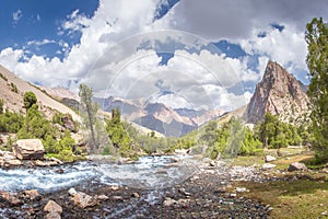 Summer mountains landscape. Mountain river in valley in Tajikistan. Beautiful view on scenery rocks and mountain nature