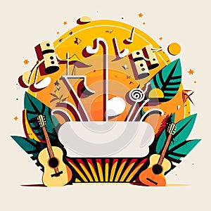 Summer music and dance festival. Musical instruments guitars in the background. Cartoon vector illustration. Invitation, label,