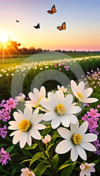Summer nature background with blooming white flowers and fly butterfly against sunrise sunlight