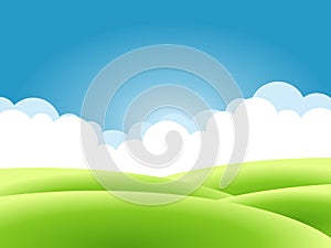 Summer nature background, a landscape with green hills and meadows, blue sky and clouds.