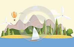 Summer nature landscape vector flat illustration. Enjoy summer vacation, traveling, perfect holiday concept.