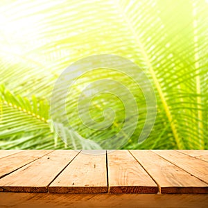 Summer and nature product display with wood table counter on blur coconut leaf background.fresh green tropical garden