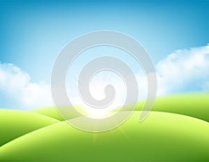 Summer nature sunrise background, a landscape with green hills and meadows, blue sky and clouds. Vector illustration