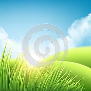Summer nature sunrise background, a landscape with green hills and meadows, blue sky and clouds. Vector illustration