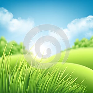 Summer nature sunrise background, a landscape with green hills and meadows, blue sky and clouds. Vector illustration