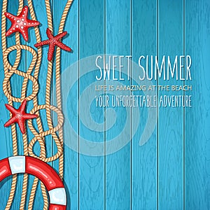 Summer nautical wooden background with lifebuoy, starfishes and ropes