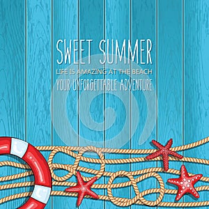 Summer nautical wooden background with lifebuoy, starfishes and ropes