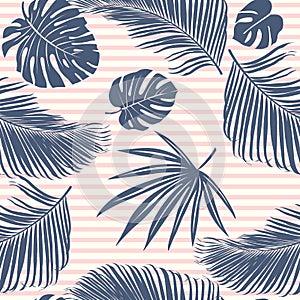 Summer Navy pink tropical forest leaves bright mood on sky blue stripe seamless pattern for fashoin fabric, wallpaper and card.