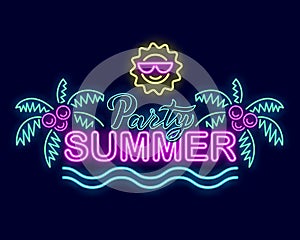 Summer neon sign with illumination. Summer poster, palm trees, sun.