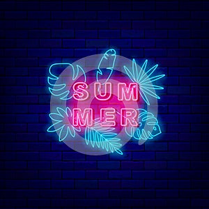 Summer neon signboard with tropical leaves. Season vacation concept. Botanical holiday design. Vector illustration