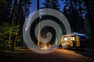 Summer night camping, lighted caravan and trees in the forest under a starry sky. Tourists camp outdoor. Generative AI.