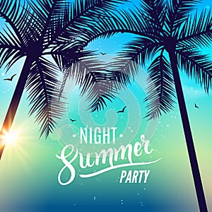 Summer night dance party. Beach summer night party poster. Travel vacation design flyer