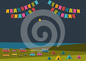 Summer night festival, party music poster, background with color flags and retro cars, vans, buses and tent field.