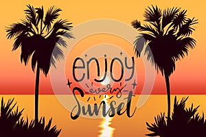 summer night landscape. colorful tropical background with sunset and sea palm sihlouettes. vector lettreing