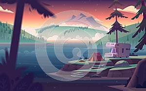 Summer night landscape with mountain lake view and camping . Summer night camp on river shore.