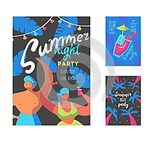 Summer Night Party Poster with Flat People Characters and Palms. Sea Beach Event Invitation Template Vacation Banner