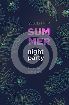 Summer night party poster template with palm tropical leaves. Event, festival vector Illustration placard.