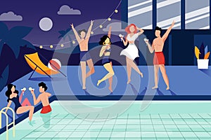 Summer night pool party. Happy young people have a rest by the swimming pool. Vector flat illustration