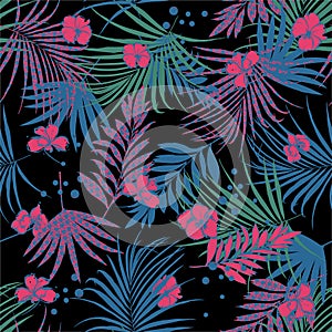 Summer night tripical Seamless floral pattern with flower and houndstooth fill-in leaves. Vector colorful illustration on black photo