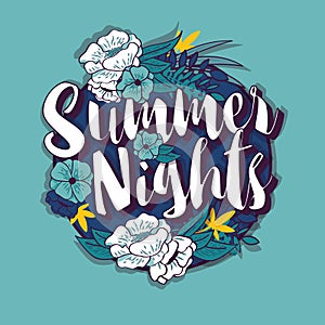 Summer nights typography banner round design in tropical flower frame