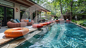 summer oasis, ideal summer chill spot for the family: colorful pool floaties and clean water in the backyard pool ensure