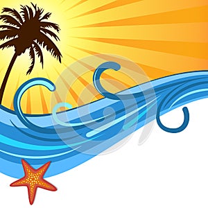 Summer ocean waves and sunset with palm tree background