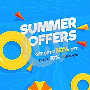 Summer offers banner design with top view of a swimming pool, up