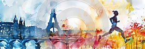the Summer Olympic Games in Paris, athletics, a girl athlete runner on the background of a panorama of