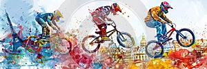 the Summer Olympic Games in Paris, BMX Freestyle racers on the background of the Eiffel Tower and a