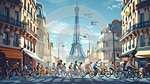 The Summer Olympic Games in Paris with Eiffel Tower background. athletic abstract design cycling bike in city.