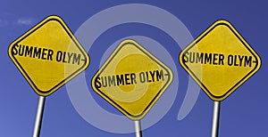 Summer Olympics ends - three yellow signs with blue sky background