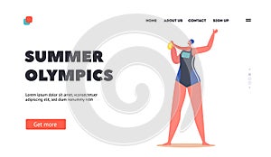 Summer Olympics Landing Page Template. Sport Competition Winner Rewarding Concept. Woman Swimmer Holding Trophy