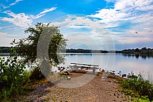 Summer in Omaha, Panorama Shoreline and sky reflections in the lake at Ed Zorinsky Lake Park Omaha NE