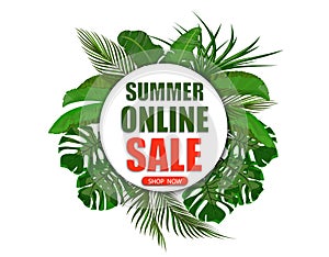 Summer online sale. Shop now. Banner on the background of palm leaves. illustration