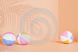 Summer orange background with inflatable beach balls and tropical leaves shadows, 3d illustration render