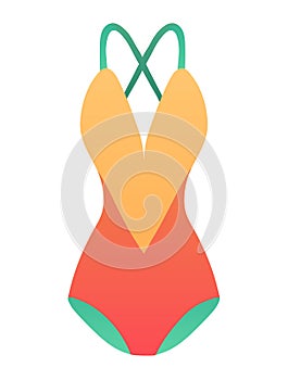 Summer orange swimsuit with green straps, fashionable women's beachwear design. Swimwear fashion, beach summer