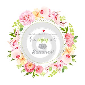 Summer orchid, camellia, rose, ranunculus, carnation and fresh green leaves round vector frame.